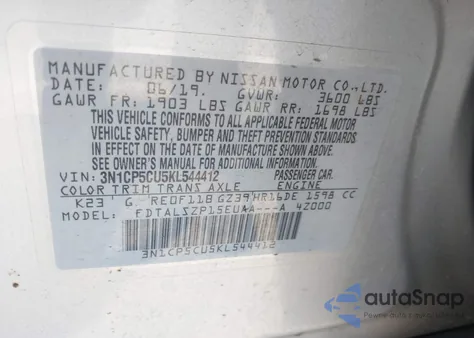 2019 Nissan Kicks Sv из США, поврежденный, VIN 3N1CP5CU5KL544412